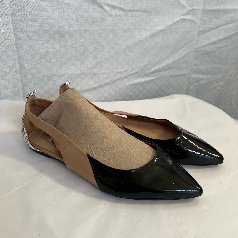 Halogen Black Patent Leather and Tan Flats with White & Gray Snakeskin Accents